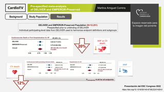 Martina Amiguet Comins
Espacio reservado para
la imagen del ponente
Presentación del ESC Congress 2022
https://doi.org/10.1016/S0140-6736(22)01429-5
Pre-specified meta-analysis
of DELIVER and EMPEROR-Preserved
Background Study Population Results
DELIVER and EMPEROR-Preserved Population (N=12.251)
Prespecified prior tu unblinding of DELIVER
Individual participating-level data from DELIVER used to harmonize endpoint definitions and subgroups
20%
12%
 