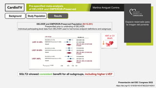 Martina Amiguet Comins
Espacio reservado para
la imagen del ponente
Presentación del ESC Congress 2022
https://doi.org/10.1016/S0140-6736(22)01429-5
Pre-specified meta-analysis
of DELIVER and EMPEROR-Preserved
Background Study Population Results
DELIVER and EMPEROR-Preserved Population (N=12.251)
Prespecified prior tu unblinding of DELIVER
Individual participating-level data from DELIVER used to harmonize endpoint definitions and subgroups
SGLT2i showed consistent benefit for all subgroups, including higher LVEF
 