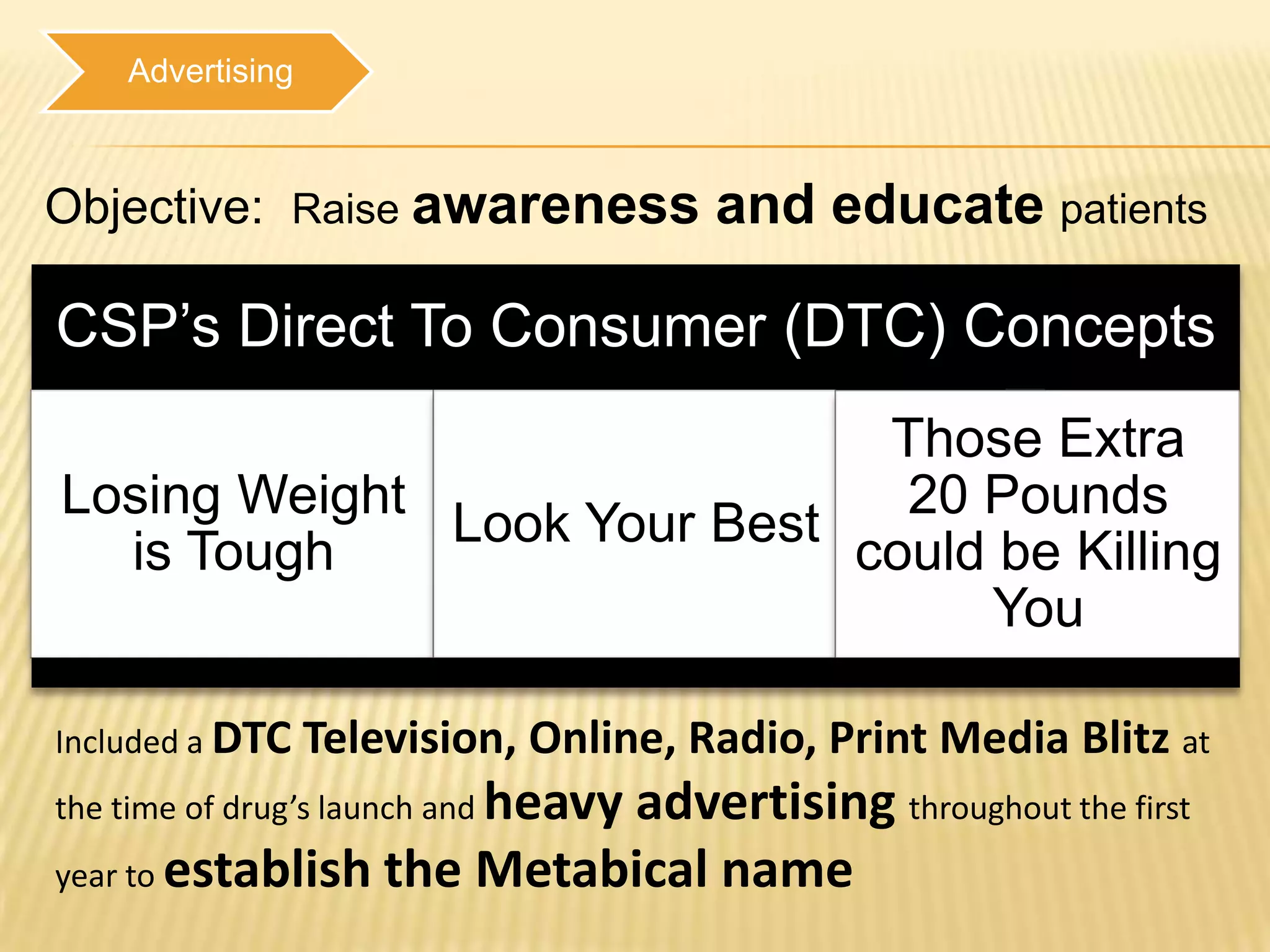 Advertising



Objective: Raise awareness and educate patients

CSP’s Direct To Consumer (DTC) Concepts
                              Those Extra
Losing Weight                  20 Pounds
              Look Your Best
  is Tough                   could be Killing
                                  You

Included a DTC    Television, Online, Radio, Print Media Blitz at
the time of drug’s launch and heavy
                           advertising throughout the first
year to establish the Metabical name
 