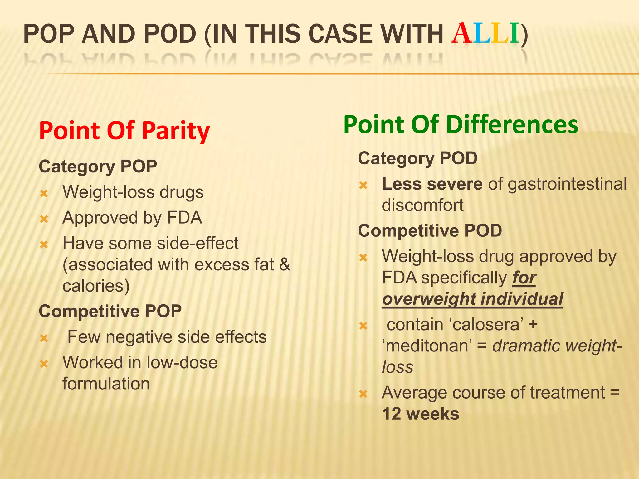 POP AND POD (IN THIS CASE WITH                         )


 Point Of Parity                   Point Of Differences
 Category POP                       Category POD
                                     Less severe of gastrointestinal
  Weight-loss drugs
                                      discomfort
  Approved by FDA
                                    Competitive POD
  Have some side-effect
                                     Weight-loss drug approved by
   (associated with excess fat &
   calories)                          FDA specifically for
                                      overweight individual
 Competitive POP
                                     contain ‘calosera’ +
  Few negative side effects
                                      ‘meditonan’ = dramatic weight-
  Worked in low-dose                 loss
   formulation                       Average course of treatment =
                                      12 weeks
 