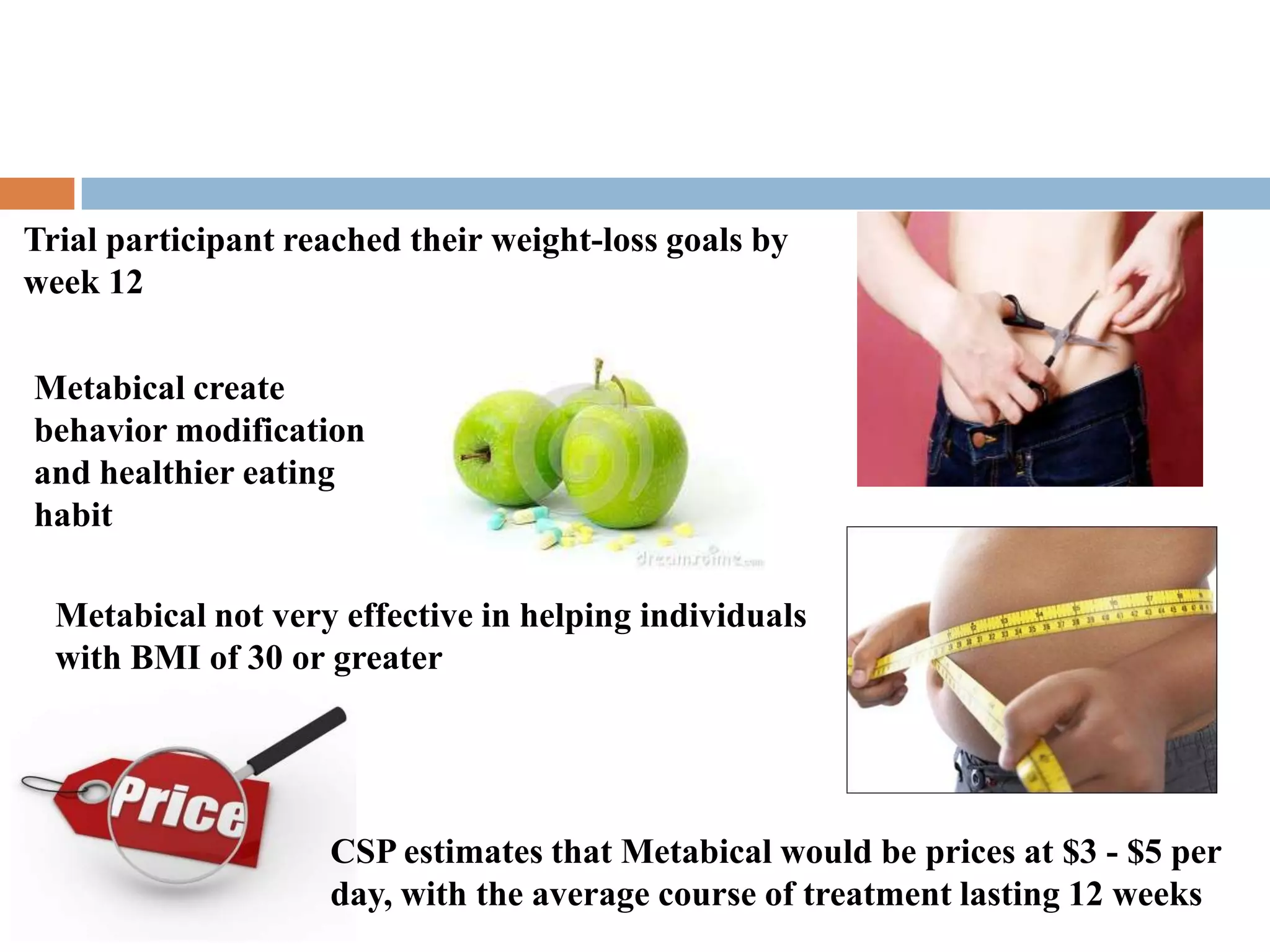 Trial participant reached their weight-loss goals by
week 12

Metabical create
behavior modification
and healthier eating
habit

  Metabical not very effective in helping individuals
  with BMI of 30 or greater




                    CSP estimates that Metabical would be prices at $3 - $5 per
                    day, with the average course of treatment lasting 12 weeks
 