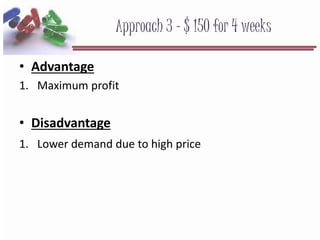 Approach 3 - $ 150 for 4 weeks
• Advantage
1. Maximum profit
• Disadvantage
1. Lower demand due to high price
 