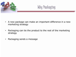 Why Packaging
• A new package can make an important difference in a new
marketing strategy
• Packaging can tie the product to the rest of the marketing
strategy
• Packaging sends a message
 