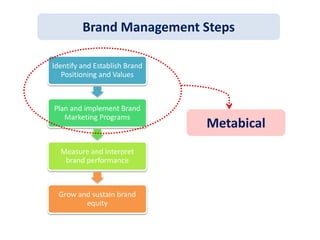 Identify and Establish Brand
Positioning and Values
Plan and implement Brand
Marketing Programs
Measure and interpret
brand performance
Grow and sustain brand
equity
Brand Management Steps
Metabical
 