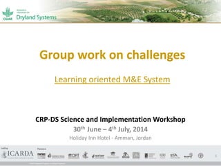 Group work on challenges
Learning oriented M&E System
CRP-DS Science and Implementation Workshop
30th June – 4th July, 2014
Holiday Inn Hotel - Amman, Jordan
1
 