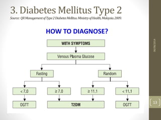 3. Diabetes Mellitus Type 2
Source: QRManagementofType2DiabetesMellitus.MinistryofHealth,Malaysia.2009.
06/08/2014
13
HOW TO DIAGNOSE?
 
