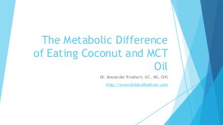 The Metabolic Difference
of Eating Coconut and MCT
Oil
Dr. Alexander Rinehart, DC, MS, CNS
http://www.DrAlexRinehart.com
 