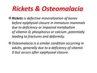 Rickets & Osteomalacia
Rickets is defective mineralization of bones
before epiphysial closure in immature mammals
due to deficiency or impaired metabolism
of vitamin D, phosphorus or calcium ,potentially
leading to fractures and deformity.
Osteomalacia is a similar condition occurring in
adults, generally due to a deficiency of vitamin
D but occurs after epiphyseal closure.
 
