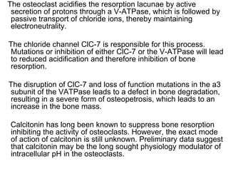 The osteoclast acidifies the resorption lacunae by active secretion of protons through a V-ATPase, which is followed by passive transport of chloride ions, thereby maintaining electroneutrality.    The chloride channel ClC-7 is responsible for this process. Mutations or inhibition of either ClC-7 or the V-ATPase will lead to reduced acidification and therefore inhibition of bone resorption.    The disruption of ClC-7 and loss of function mutations in the a3 subunit of the VATPase leads to a defect in bone degradation, resulting in a severe form of osteopetrosis, which leads to an increase in the bone mass.    Calcitonin has long been known to suppress bone resorption inhibiting the activity of osteoclasts. However, the exact mode of action of calcitonin is still unknown. Preliminary data suggest that calcitonin may be the long sought physiology modulator of intracellular pH in the osteoclasts.