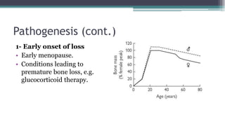 Pathogenesis (cont.)
1- Early onset of loss
• Early menopause.
• Conditions leading to
premature bone loss, e.g.
glucocorticoid therapy.
 