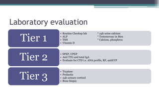Laboratory evaluation
• Routine Checkup lab * 24h urine calcium
• ALP * Testesterone in Men
• TSH * Calcium, phosphrus
• Vitamin D
Tier 1
• SPEP, UPEP
• Anti TTG and total IgA
• Evaluate for CTD i.e. ANA profile, RF, antiCCPTier 2
• Tryptase
• Prolactin
• 24h urinary cortisol
• Bone biopsy
Tier 3
 