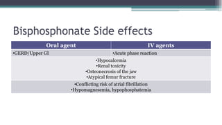 Bisphosphonate Side effects
Oral agent IV agents
•GERD/Upper GI •Acute phase reaction
•Hypocalcemia
•Renal toxicity
•Osteonecrosis of the jaw
•Atypical femur fracture
•Conflicting risk of atrial fibrillation
•Hypomagnesemia, hypophosphatemia
 