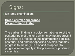  Slit lamp examination:
- Bread crumb appearance
- Polychromatic luster
- The earliest finding is a polychromatic lustre at the
posterior pole of the lens which may not progress if
the uveitis is arrested. If the inflammation persists,
posterior and anterior opacities develop that may
progress to maturity. The opacities appear to
progress more rapidly in the presence of posterior
synechiae.
 