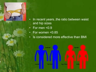 • In recent years..the ratio between waist
and hip sizes
• For men <0.9
• For women <0.85
• Is considered more effective than BMI
 