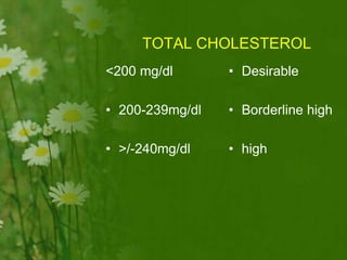 TOTAL CHOLESTEROL
<200 mg/dl
• 200-239mg/dl
• >/-240mg/dl
• Desirable
• Borderline high
• high
 