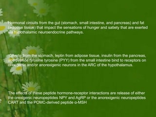 Hormonal circuits from the gut (stomach, small intestine, and pancreas) and fat
(adipose tissue) that impact the sensations of hunger and satiety that are exerted
via hypothalamic neuroendocrine pathways.
Ghrelin from the stomach, leptin from adipose tissue, insulin from the pancreas,
and peptide tyrosine tyrosine (PYY) from the small intestine bind to receptors on
orexigenic and/or anorexigenic neurons in the ARC of the hypothalamus.
The effects of these peptide hormone-receptor interactions are release of either
the orexigenic neuropeptides NPY and AgRP or the anorexigenic neuropeptides
CART and the POMC-derived peptide α-MSH
 