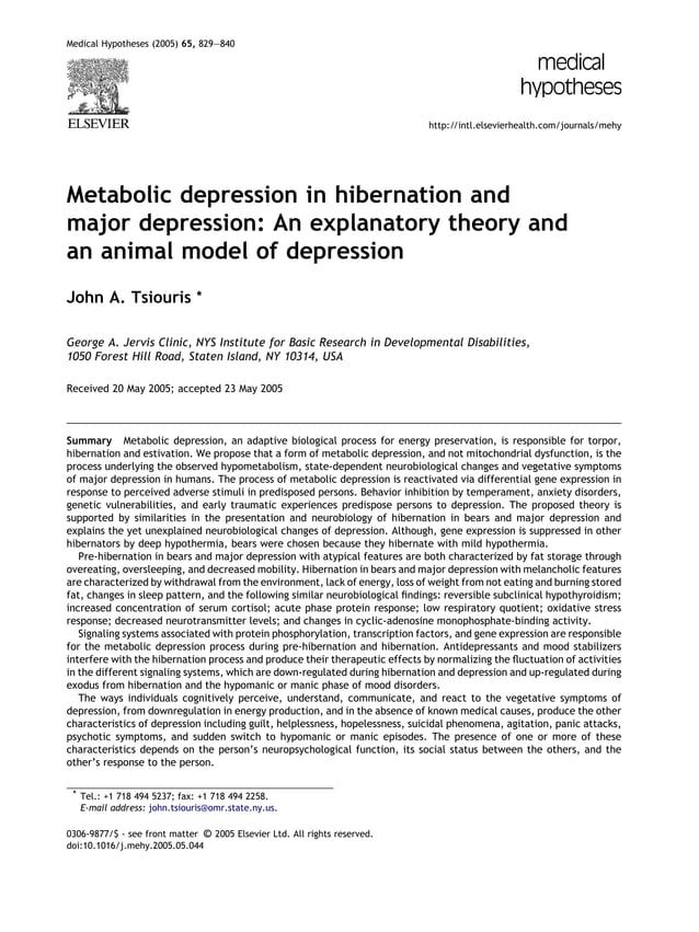 Metabolic depression in hibernation and major depression an