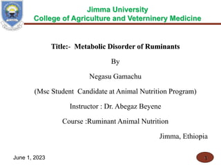 1
Title:- Metabolic Disorder of Ruminants
By
Negasu Gamachu
(Msc Student Candidate at Animal Nutrition Program)
Instructor : Dr. Abegaz Beyene
Course :Ruminant Animal Nutrition
Jimma, Ethiopia
June 1, 2023
Jimma University
College of Agriculture and Veterninery Medicine
•1
 