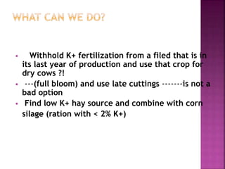 Withhold K+ fertilization from a filed that is in
its last year of production and use that crop for
dry cows ?!
 ---(full bloom) and use late cuttings -------is not a
bad option
 Find low K+ hay source and combine with corn
silage (ration with < 2% K+)
 