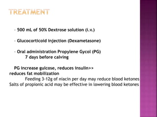 – 500 mL of 50% Dextrose solution (i.v.)
– Glucocorticoid injection (Dexametasone)
– Oral administration Propylene Gycol (PG)
7 days before calving
PG increase gulcose, reduces insulin>>
reduces fat mobilization
Feeding 3-12g of niacin per day may reduce blood ketones
Salts of propionic acid may be effective in lowering blood ketones
 