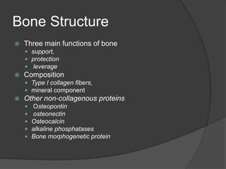 Bone Structure
 Three main functions of bone
 support,
 protection
 leverage
 Composition
 Type I collagen fibers,
 mineral component
 Other non-collagenous proteins
 Osteopontin
 osteonectin
 Osteocalcin
 alkaline phosphatases
 Bone morphogenetic protein
 
