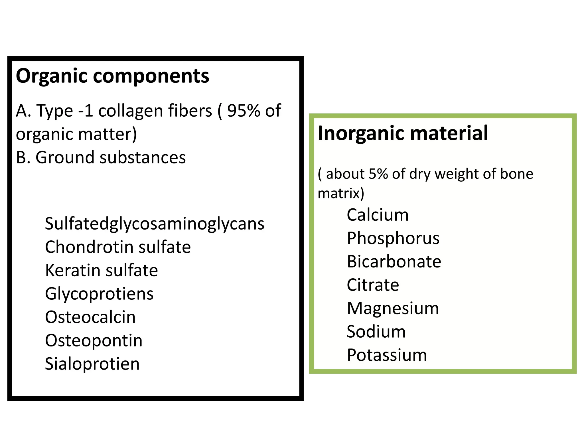 Organic components
A. Type -1 collagen fibers ( 95% of
organic matter)
B. Ground substances
Sulfatedglycosaminoglycans
Chondrotin sulfate
Keratin sulfate
Glycoprotiens
Osteocalcin
Osteopontin
Sialoprotien
Inorganic material
( about 5% of dry weight of bone
matrix)
Calcium
Phosphorus
Bicarbonate
Citrate
Magnesium
Sodium
Potassium
 