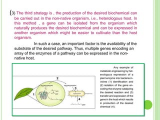 (3) The third strategy is , the production of the desired biochemical can
be carried out in the non-native organism, i.e., heterologous host. In
this method , a gene can be isolated from the organism which
naturally produces the desired biochemical and can be expressed in
another organism which might be easier to cultivate than the host
organism.
In such a case, an important factor is the availability of the
substrate of the desired pathway. Thus, multiple genes encoding an
array of the enzymes of a pathway can be expressed in the non-
native host.
 