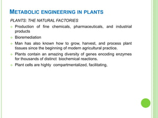 METABOLIC ENGINEERING IN PLANTS
PLANTS: THE NATURAL FACTORIES
 Production of fine chemicals, pharmaceuticals, and industrial
products
 Bioremediation
 Man has also known how to grow, harvest, and process plant
tissues since the beginning of modern agricultural practice.
 Plants contain an amazing diversity of genes encoding enzymes
for thousands of distinct biochemical reactions.
 Plant cells are highly compartmentalized, facilitating,
 