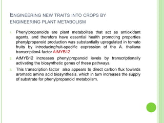 ENGINEERING NEW TRAITS INTO CROPS BY
ENGINEERING PLANT METABOLISM
1. Phenylpropanoids are plant metabolites that act as antioxidant
agents, and therefore have essential health promoting properties
phenylpropanoid production was substantially upregulated in tomato
fruits by introducingfruit-specific expression of the A. thaliana
transcription4 factor AtMYB12 .
2. AtMYB12 increases phenylpropanoid levels by transcriptionally
activating the biosynthetic genes of these pathways.
3. This transcription factor also appears to direct carbon flux towards
aromatic amino acid biosynthesis, which in turn increases the supply
of substrate for phenylpropanoid metabolism.
 