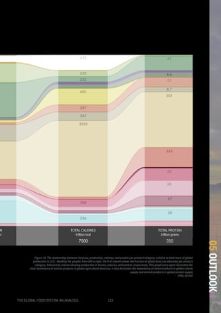 THE GLOBAL FOOD SYSTEM: AN ANALYSIS 153
05OUTLOOK
N
es
TOTAL CALORIES
trillion kcal
TOTAL PROTEIN
trillion grams
7000 310
235
633
232
27
685
287
17
9.4
347
8.7
3133
101
308
23
28
336
20
17
143
Figure 28. The relationship between land use, production, calories, and protein per product category, relative to total mass of global
production in 2011. Reading the graphic from left to right, the first column shows the fraction of global land use allocated per product
category, followed by colums showing production in tonnes, calories, and protein, respectively. This graph once again illustrates the
clear dominance of animal products in global agricultural land use. It also illustrates the importance of cereal products in global calorie
supply and animal products in global protein supply
(FAO, 2015b)
 
