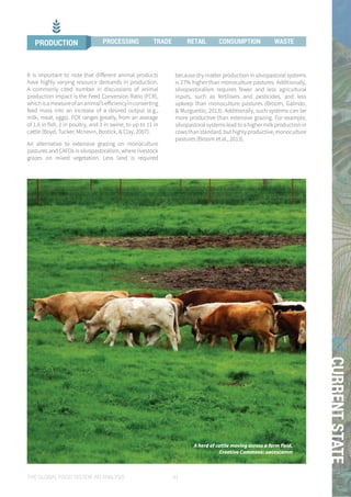 THE GLOBAL FOOD SYSTEM: AN ANALYSIS 41
01CURRENTSTATE
It is important to note that different animal products
have highly varying resource demands in production.
A commonly cited number in discussions of animal
production impact is the Feed Conversion Ratio (FCR),
whichisameasureofananimal’sefficiencyinconverting
feed mass into an increase of a desired output (e.g.,
milk, meat, eggs). FCR ranges greatly, from an average
of 1.6 in fish, 2 in poultry, and 3 in swine, to up to 11 in
cattle (Boyd, Tucker, Mcnevin, Bostick, & Clay, 2007).
An alternative to extensive grazing on monoculture
pastures and CAFOs is silvopastoralism, where livestock
grazes on mixed vegetation. Less land is required
because dry matter production in silvopastoral systems
is 27% higher than monoculture pastures. Additionally,
silvopastoralism requires fewer and less agricultural
inputs, such as fertilisers and pesticides, and less
upkeep than monoculture pastures (Broom, Galindo,
& Murgueitio, 2013). Additionally, such systems can be
more productive than extensive grazing. For example,
silvopastoralsystemsleadtoahighermilkproductionin
cowsthanstandard,buthighlyproductive,monoculture
pastures (Broom et al., 2013).
A herd of cattle moving across a farm field.
Creative Commons: uacescomm
PRODUCTION PROCESSING TRADE RETAIL CONSUMPTION WASTE
 