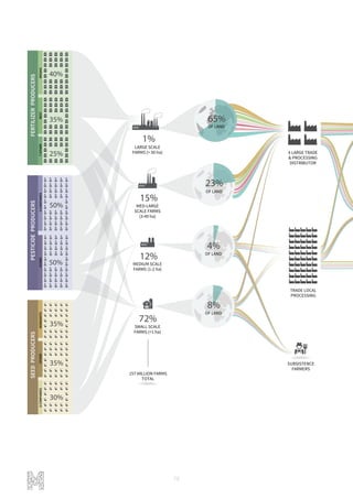 78
157 MILLION FARMS
TOTAL
50%
50%
35%
35%
30%
40%
35%
FERTILIZERPRODUCERSPESTICIDEPRODUCERSSEEDPRODUCERS
25% 4 LARGE TRADE
& PROCESSING
DISTRIBUTOR
TRADE LOCAL
PROCESSING
1%
MONSANTOOTHER4COMPANIES7OTHERRESTMOSAICOTHER6COMPANIES
72%
SMALL SCALE
FARMS (<1 ha)
12%
MEDIUM SCALE
FARMS (1-2 ha)
15%
MED-LARGE
SCALE FARMS
(3-49 ha)
LARGE SCALE
FARMS (> 50 ha)
65%
OF LAND
23%
OF LAND
8%
OF LAND
4%
OF LAND
SUBSISTENCE
FARMERS
 