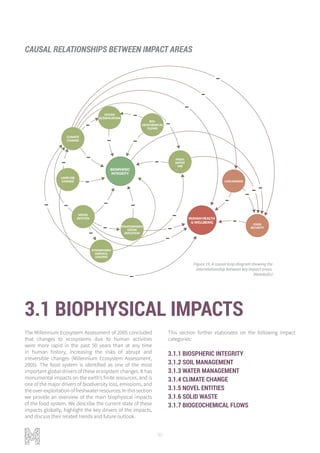 90
3.1 BIOPHYSICAL IMPACTS
The Millennium Ecosystem Assessment of 2005 concluded
that changes to ecosystems due to human activities
were more rapid in the past 50 years than at any time
in human history, increasing the risks of abrupt and
irreversible changes (Millennium Ecosystem Assessment,
2005). The food system is identified as one of the most
important global drivers of these ecosystem changes. It has
monumental impacts on the earth’s finite resources, and is
one of the major drivers of biodiversity loss, emissions, and
the over-exploitation of freshwater resources. In this section
we provide an overview of the main biophysical impacts
of the food system. We describe the current state of these
impacts globally, highlight the key drivers of the impacts,
and discuss their related trends and future outlook.
This section further elaborates on the following impact
categories:
3.1.1 BIOSPHERIC INTEGRITY
3.1.2 SOIL MANAGEMENT
3.1.3 WATER MANAGEMENT
3.1.4 CLIMATE CHANGE
3.1.5 NOVEL ENTITIES
3.1.6 SOLID WASTE
3.1.7 BIOGEOCHEMICAL FLOWS
BIOSPHERIC
INTEGRITY
BIO-
GEOCHEMICAL
FLOWS
OCEAN
ACIDIFICATION
CLIMATE
CHANGE
LAND USE
CHANGE
NOVEL
ENTITIES
STRATOSPHERIC
OZONE
DEPLETION
ATMOSPHERIC
AEROSOL
LOADING
FRESH
WATER
USE
LIVELIHOODS
FOOD
SECURITY
HUMAN HEALTH
& WELLBEING
_
_
_
_
_
__
_
_ _
_
_ _
_
__
_
_
_ _
_
_
_
_
_
_
_
CAUSAL RELATIONSHIPS BETWEEN IMPACT AREAS
Figure 19. A causal loop diagram showing the
interrelationship between key impact areas.
(Metabolic)
 