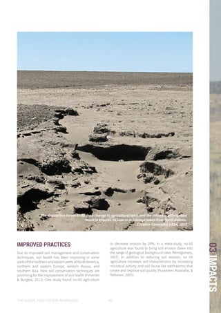THE GLOBAL FOOD SYSTEM: AN ANALYSIS 95
03IMPACTS
The destructive forces of land use change to agricultural land, and the influence of irrigation
result in erosion, as seen in this image taken from North Dakota.
Creative Commons: USDA, 2013
IMPROVED PRACTICES
Due to improved soil management and conservation
techniques, soil health has been improving in some
partsofthenorthernandeasternpartsofNorthAmerica,
northern and eastern Europe, western Russia, and
southern Asia. New soil conservation techniques are
promising for the improvement of soil health (Pimentel
& Burgess, 2013). One study found no-till agriculture
to decrease erosion by 29%; in a meta-study, no-till
agriculture was found to bring soil erosion down into
the range of geological background rates (Montgomery,
2007). In addition to reducing soil erosion, no till
agriculture increases soil characteristics by increasing
microbial activity and soil fauna like earthworms that
create and improve soil quality (Puustinen, Koskiaho, &
Peltonen, 2005).
 