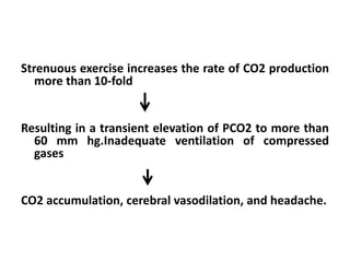 Strenuous exercise increases the rate of CO2 production
more than 10-fold
Resulting in a transient elevation of PCO2 to more than
60 mm hg.Inadequate ventilation of compressed
gases
CO2 accumulation, cerebral vasodilation, and headache.
 
