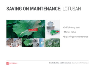 Circular Building and Infrastructure - Opportunities for New Value
SAVING ON MAINTENANCE: LOTUSAN
•	Self-cleaning paint
•	Mimics nature
•	Big savings on maintenance
 