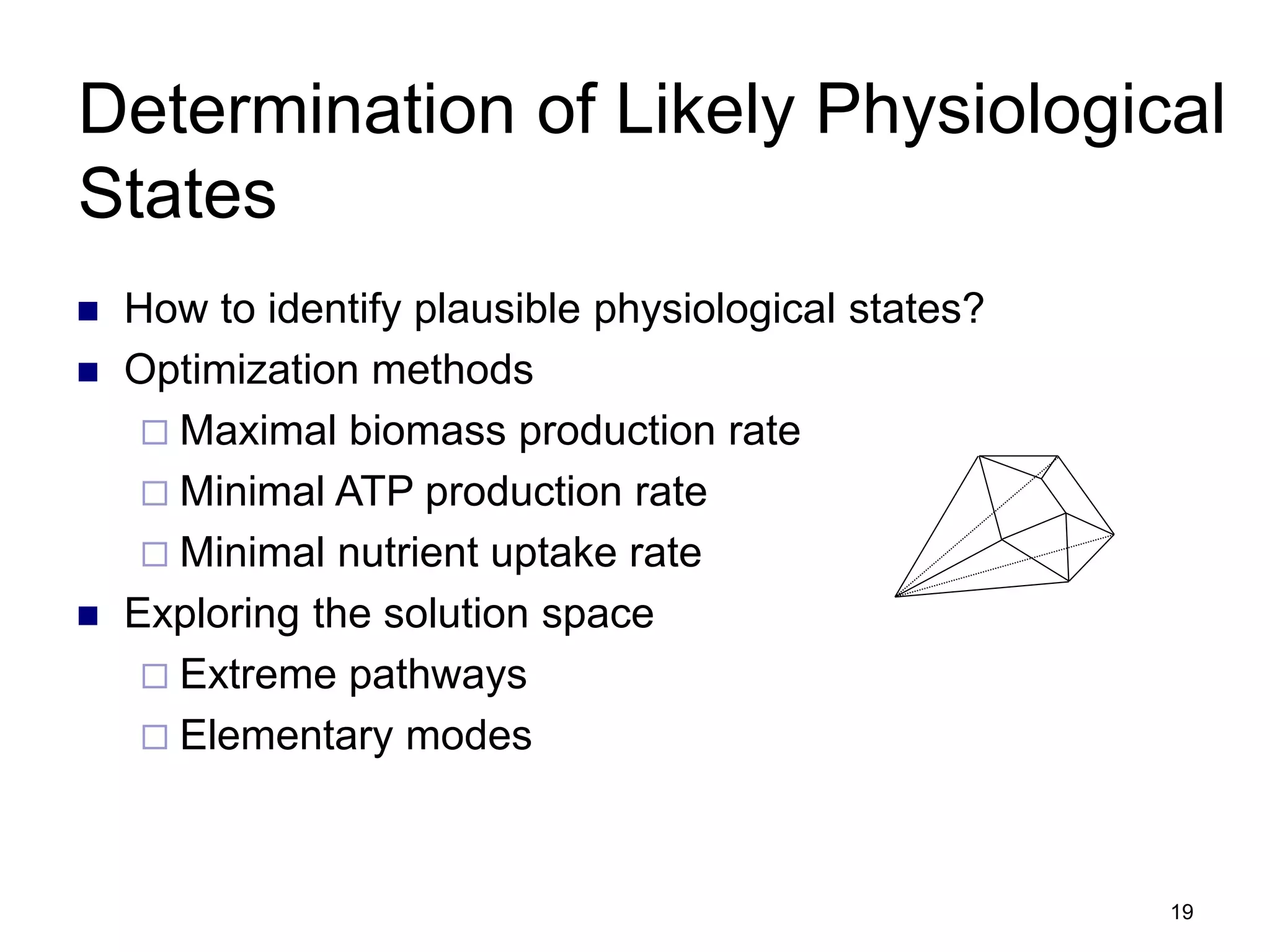 19
Determination of Likely Physiological
States
 How to identify plausible physiological states?
 Optimization methods
 Maximal biomass production rate
 Minimal ATP production rate
 Minimal nutrient uptake rate
 Exploring the solution space
 Extreme pathways
 Elementary modes
 