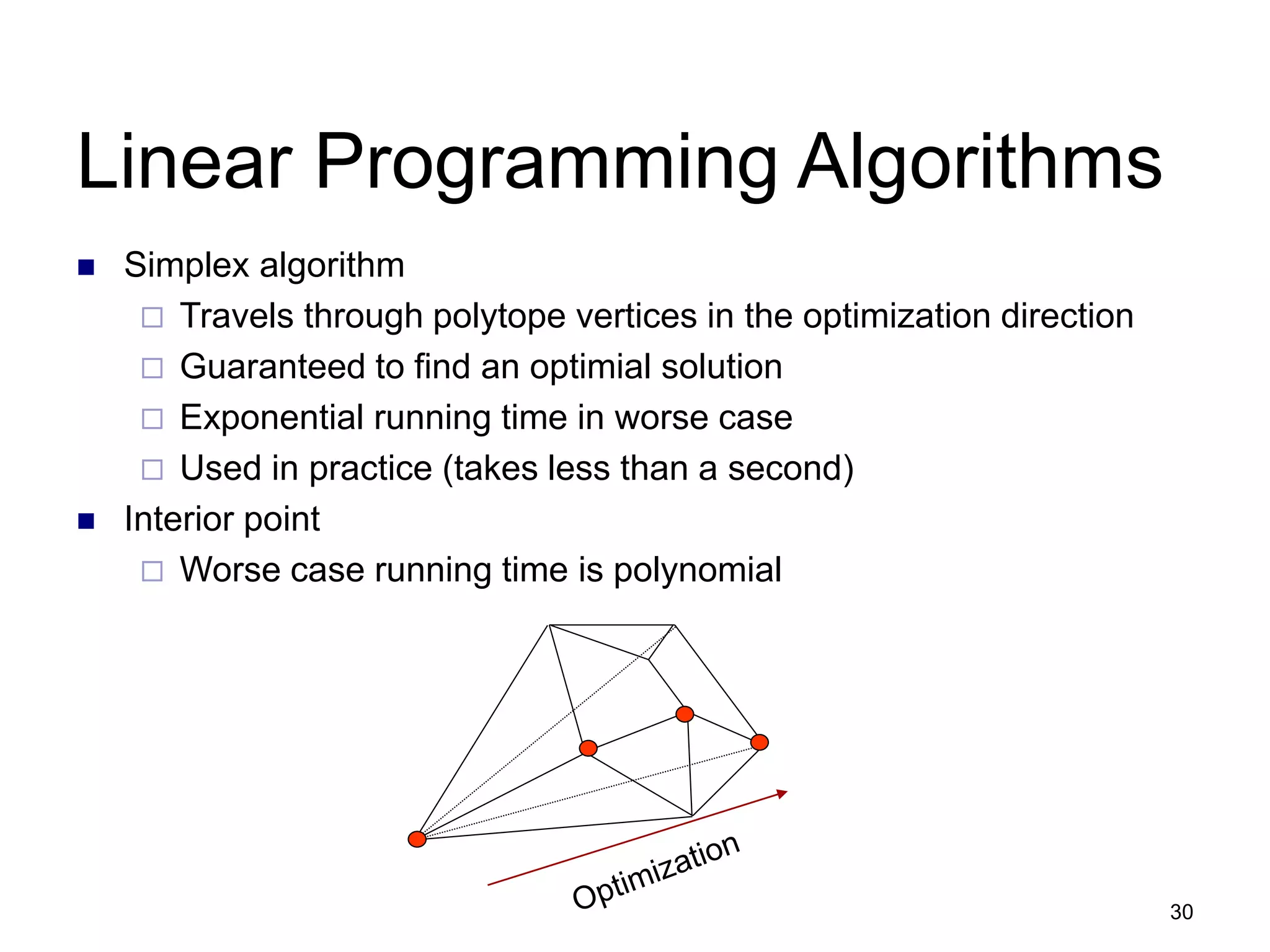 30
Linear Programming Algorithms
 Simplex algorithm
 Travels through polytope vertices in the optimization direction
 Guaranteed to find an optimial solution
 Exponential running time in worse case
 Used in practice (takes less than a second)
 Interior point
 Worse case running time is polynomial
 