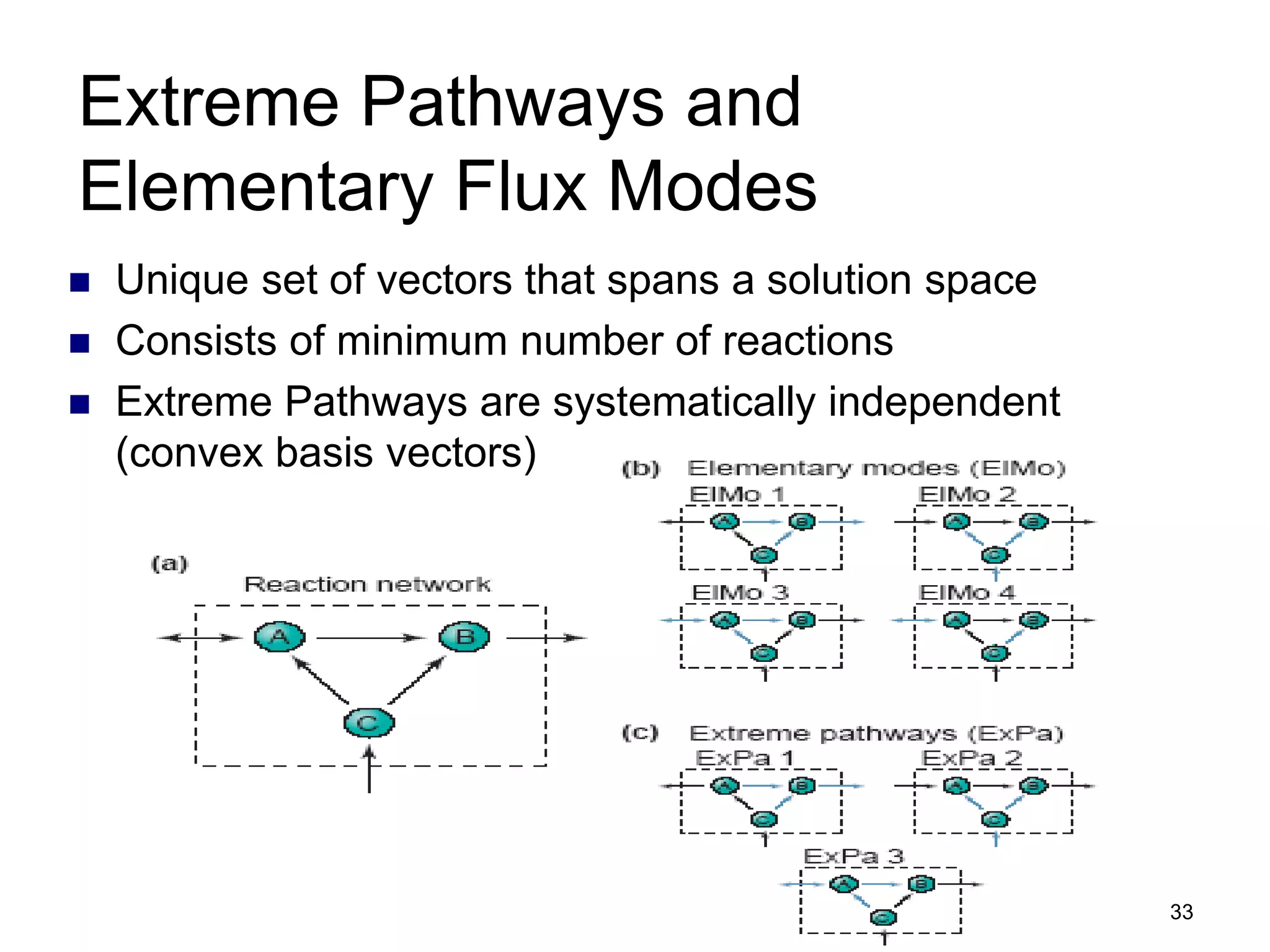 33
Extreme Pathways and
Elementary Flux Modes
 Unique set of vectors that spans a solution space
 Consists of minimum number of reactions
 Extreme Pathways are systematically independent
(convex basis vectors)
 