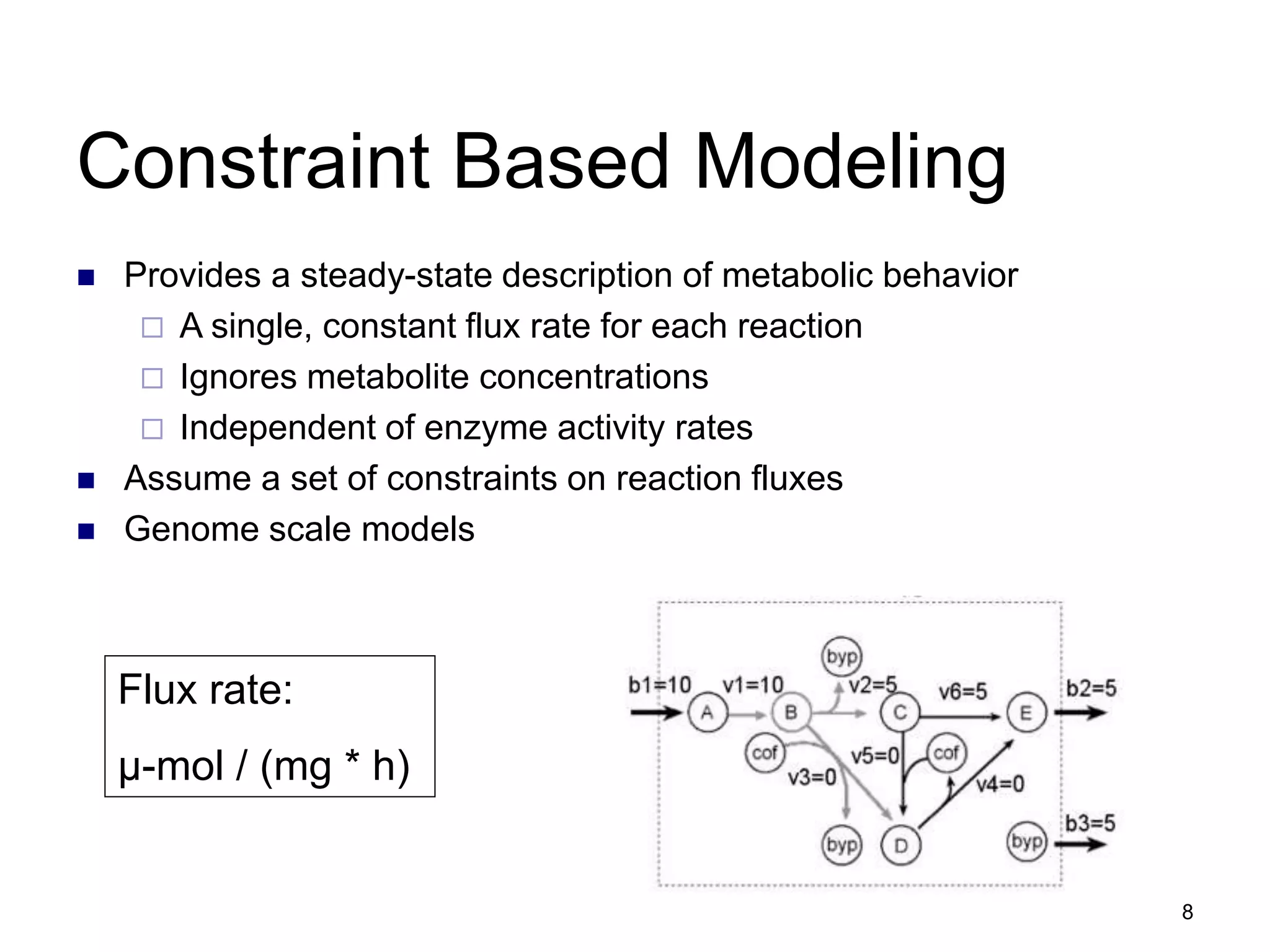 8
Constraint Based Modeling
 Provides a steady-state description of metabolic behavior
 A single, constant flux rate for each reaction
 Ignores metabolite concentrations
 Independent of enzyme activity rates
 Assume a set of constraints on reaction fluxes
 Genome scale models
Flux rate:
μ-mol / (mg * h)
 