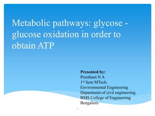 Metabolic pathways: glycose -
glucose oxidation in order to
obtain ATP
1
Presented by:
Preetham N A
1st Sem MTech.
Environmental Engineering
Department of civil engineering
BMS College of Engineering
Bengaluru
 