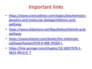 Important links
• https://www.sciencedirect.com/topics/biochemistry-
genetics-and-molecular-biology/shikimic-acid-
pathway
• https://www.slideshare.net/BipulDeka/shikimik-acid-
pathway
• https://www.elsevier.com/books/the-shikimate-
pathway/haslam/978-0-408-70569-1
• https://link.springer.com/chapter/10.1007/978-1-
4615-4913-0_7
 