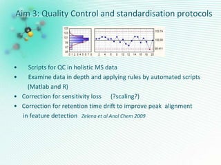 Aim 3: Quality Control and standardisation protocols
• Scripts for QC in holistic MS data
• Examine data in depth and applying rules by automated scripts
(Matlab and R)
• Correction for sensitivity loss (?scaling?)
• Correction for retention time drift to improve peak alignment
in feature detection Zelena et al Anal Chem 2009
 