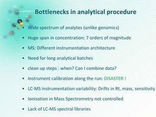 Bottlenecks in analytical procedure
• Wide spectrum of analytes (unlike genomics)
• Huge span in concentration: 7 orders of magnitude
• MS: Different instrumentation architecture
• Need for long analytical batches
• clean up steps : when? Can I combine data?
• Instrument calibration along the run: DISASTER !
• LC-MS instrumentation variability: Drifts in Rt, mass, sensitivity
• Ionisation in Mass Spectrometry not controlled
• Lack of LC-MS spectral libraries
 