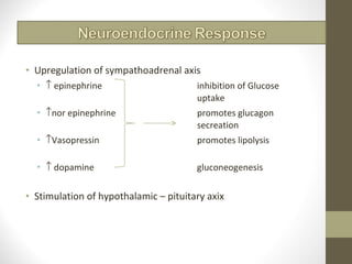 • Upregulation of sympathoadrenal axis
• ↑ epinephrine inhibition of Glucose
uptake
• ↑nor epinephrine promotes glucagon
s...