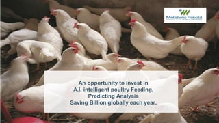 1
An opportunity to invest in
A.I. intelligent poultry Feeding,
Predicting Analysis
Saving Billion globally each year.
 