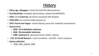 History
• 250 ys ago , Morgagni : visceral fat and HTN, Atherosclerosis
• First World War- metabolic abnormalities, relation b/w DM &HTN
• 1920- word clustering, risk factors associated with diabetes
• 1930-1950- non-communicable disease era
• 1947: French Jean Vague-. Central obesity, excess fat--metabolic complications
• Various term:
• 1950 : Term Metabolic syndrome
• 1960 : Plurimetabolic Syndrome
• 1980 : Syndrome X : glucose & insulin metab + obesity
• 1988: Dr Gerald Reaven’s - Insulin sensitivity - risk CHD - insulin resistance
• Various definition
• 1998, 2001, 2005/6, 2009
6
 