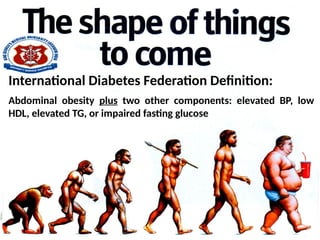 International Diabetes Federation Definition:
Abdominal obesity plus two other components: elevated BP, low
HDL, elevated TG, or impaired fasting glucose
 