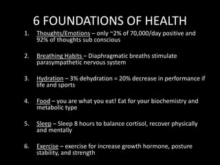 6 FOUNDATIONS OF HEALTH
1. Thoughts/Emotions – only ~2% of 70,000/day positive and
92% of thoughts sub conscious
2. Breathing Habits – Diaphragmatic breaths stimulate
parasympathetic nervous system
3. Hydration – 3% dehydration = 20% decrease in performance if
life and sports
4. Food – you are what you eat! Eat for your biochemistry and
metabolic type
5. Sleep – Sleep 8 hours to balance cortisol, recover physically
and mentally
6. Exercise – exercise for increase growth hormone, posture
stability, and strength
 