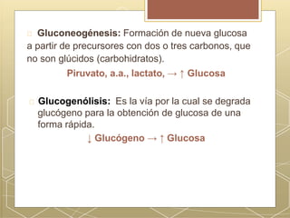 Gluconeogénesis: Formación de nueva glucosa
a partir de precursores con dos o tres carbonos, que
no son glúcidos (carbohidratos).
Piruvato, a.a., lactato, → ↑ Glucosa
Glucogenólisis: Es la vía por la cual se degrada
glucógeno para la obtención de glucosa de una
forma rápida.
↓ Glucógeno → ↑ Glucosa
 